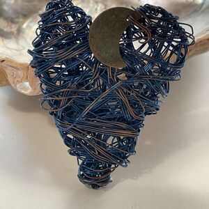 Handmade Wire Wrapped Heart & Moon Brooch Pin Blue Copper Artisan Jewelry Unique
